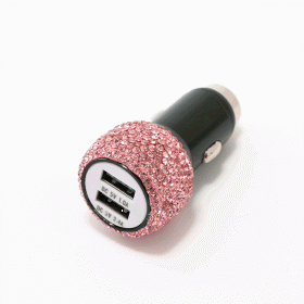 2.4A Dual Port Car Mobile Phone Charger With One For Two Diamond-Inlaid Dual Usb Car Charger Travel Car Charging Head (Color: Pink)